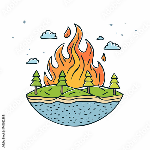 Landscape engulfed in flames, a cartoon suggesting environmental crisis