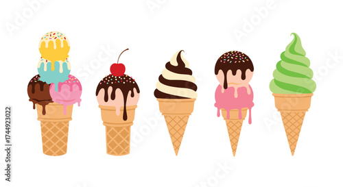 A delightful assortment of ice cream cones with colorful toppings and drizzles.