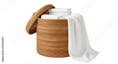 Isolated rattan laundry hamper filled with fresh towels for home hotel or spa storage needs