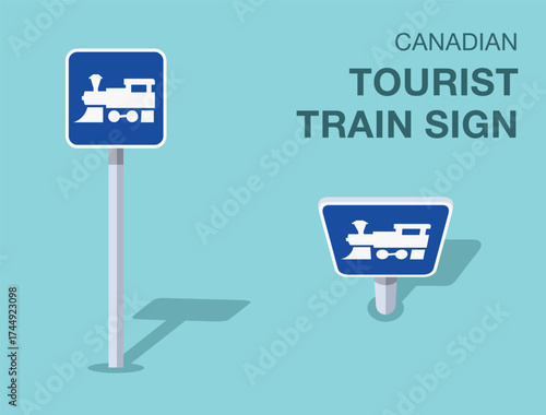 Traffic regulation rules. Isolated canadian "tourist train" road sign. Front and top view. Flat vector illustration template.