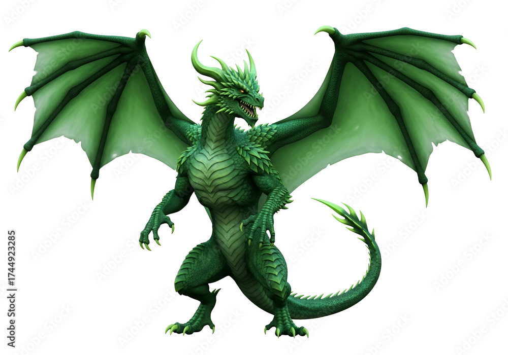 Obraz premium A vibrant, emerald green dragon with majestic wings stands against a black background, showcasing intricate scales and powerful claws.