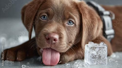 An adorable young chocolate labrador retriever puppy with a purebred brown coat sits as a cute canine pet isolated on a white background