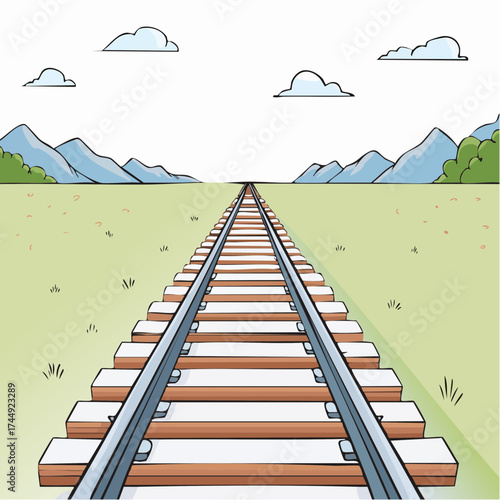 Train tracks disappearing to a vanishing point in a sunny, open landscape