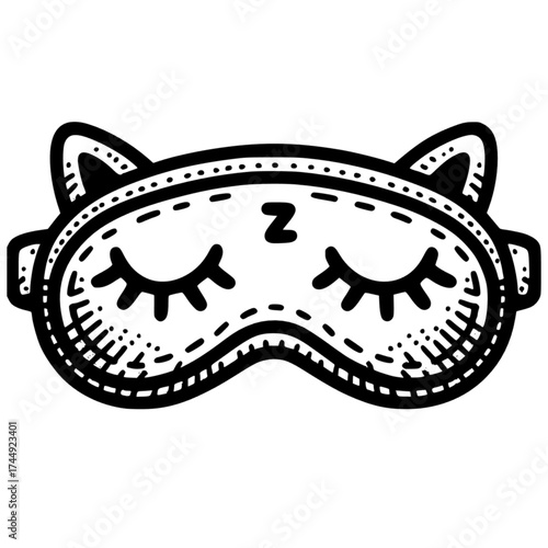 Cute sleep mask doodle hand drawn icon. Outline drawing sleeping night mask with eyelashes line black and white vector icon with transparent background 