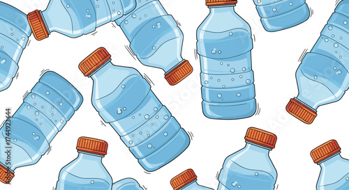 A vibrant pattern of many plastic water bottles with orange caps and condensation dots.