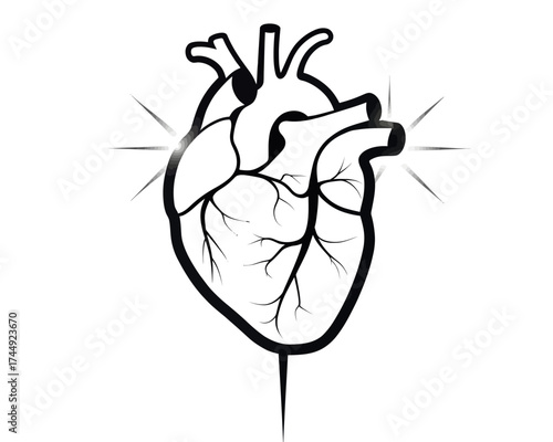 Anatomical heart with veins and arteries in black and white with a spike piercing the bottom | editable eps vectors silhouette