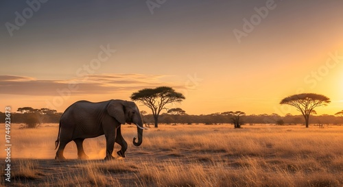 An african elephant walking across the savanna at sunset, with trees silhouetted against the orange sky