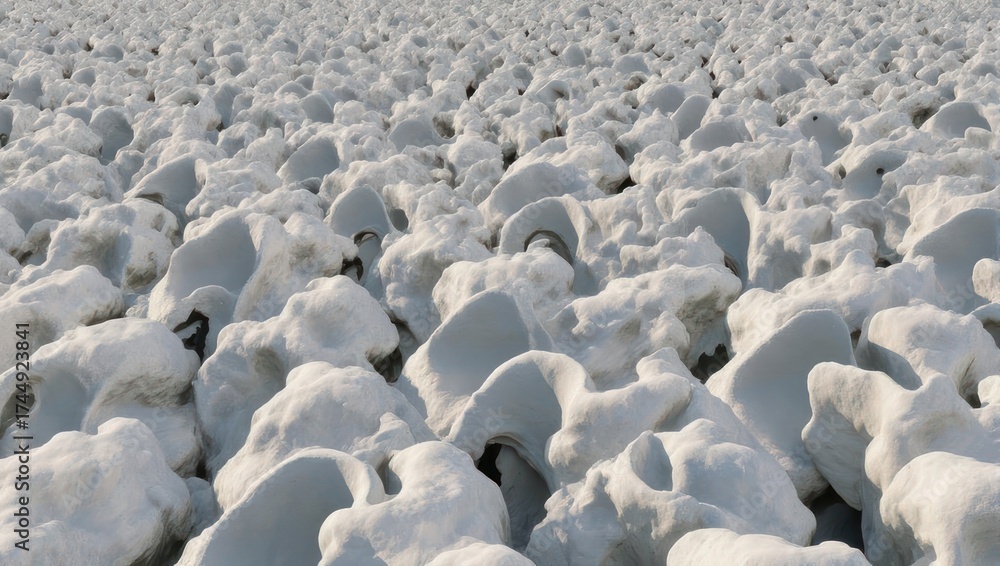 Obraz premium Close-up view of snow-covered, irregular-shaped landscape, rendered with soft shadows and textures