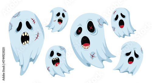 Several cartoon ghosts are floating and looking scared.