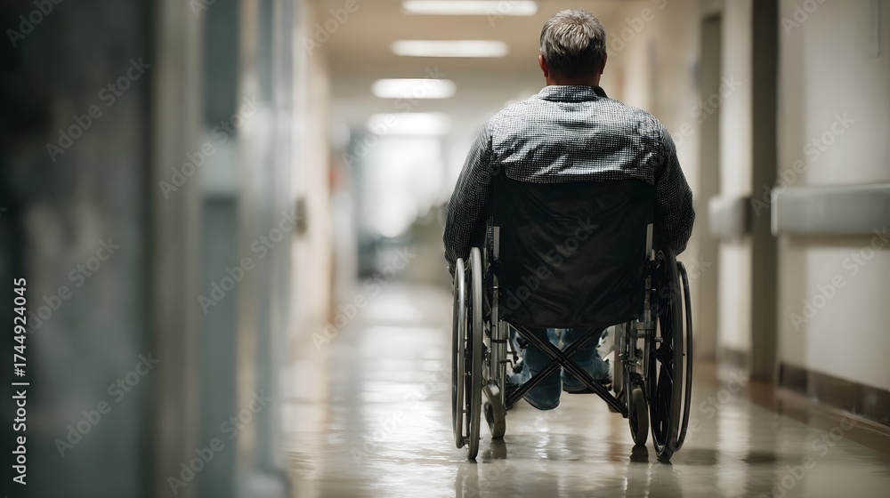 Obraz premium Patient in wheelchair moving down a hospital corridor symbolizing a journey of recovery and hope