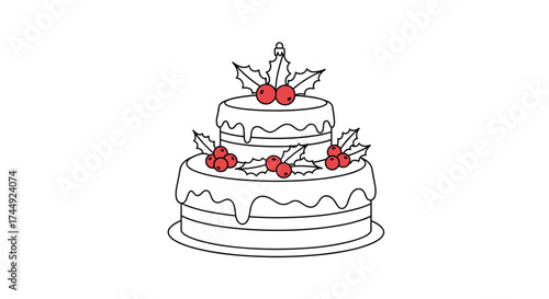 A festive tiered cake decorated with holly and berries for the holidays.