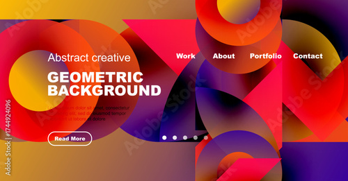Vibrant abstract shapes create dynamic website header. Text overlays promote work, portfolio, contact options. Modern design.