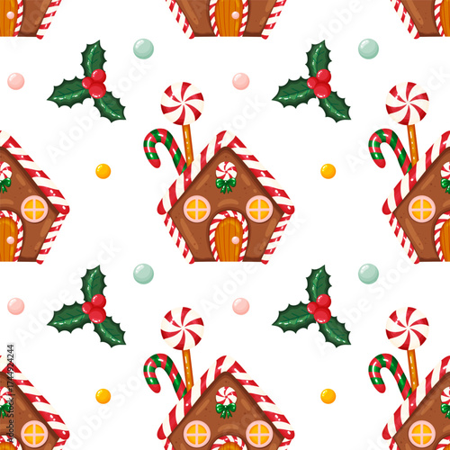 Gingerbread House and Holly Seamless Pattern