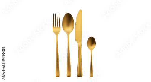 Isolated flatware cutlery set golden color, fork, knife, tablespoon, teaspoon, place setting