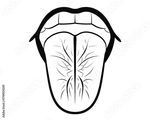 Illustration of an open mouth with teeth and tongue showing veins in black and white drawing style | editable eps vectors silhouette