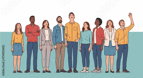 Diverse Group of People Looking Up with Hopeful Expressions