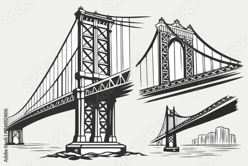 Vector Engineering Bridge Illustration – Architectural Sketch of Historic and Modern Bridges.