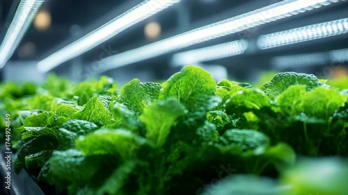 Fresh green lettuce plants growing indoors under LED lights in a vertical farming system, agriculture technology, hydroponics, sustainability, healthy food production, innovation and green energy.