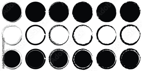 Grunge circles brush set. black circle frames. Round line of red paint. Grunge round shapes. Circular ink brush stroke pro design elements. Set of black brush stroke circle vectors.