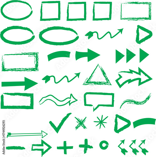 Collection of hand drawn green flowchart shapes and symbols for business process diagrams and presentations