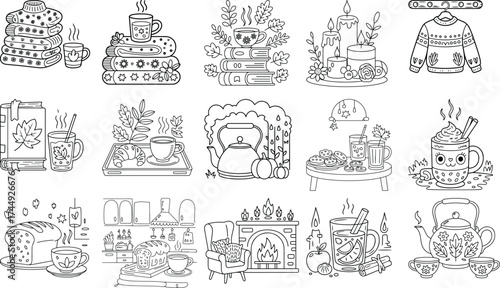Cozy Autumn and Winter Scenes with Hot Drinks, Books, and Sweaters Keywords: sweater, stack of sweaters, mug, hot chocolate, books, autumn leaves, candle, tea, croissant, tray, kettle, pumpkin
