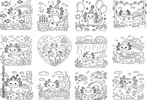 Cute Axolotl Characters in Various Scenes and Activities for Coloring Pages salamander amphibian
