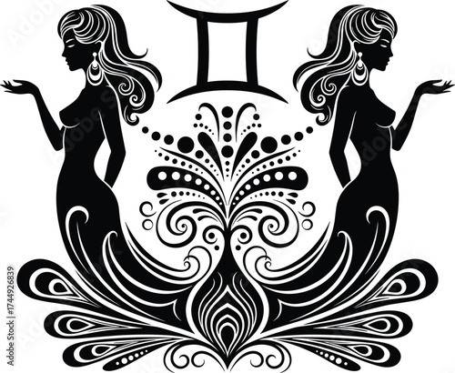 Gemini, zodiac, twins, astrology, symbol, horoscope, duality, balance, celestial, symmetrical, illustration, vector, ornate, black and white, decorative, spiritual, cosmic, star sign, feminine, mystic