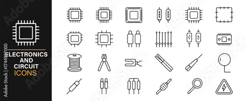 Set of Engineering and Electronics Icons, Featuring Microchips, Tools, and Diodes