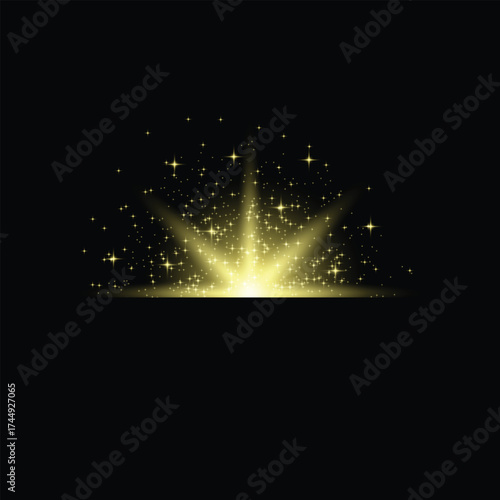 Golden star sparkles confetti with glowing light effect isolated on black background