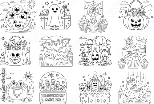 Fun and spooky Halloween cartoon elements and scenes for coloring page illustration