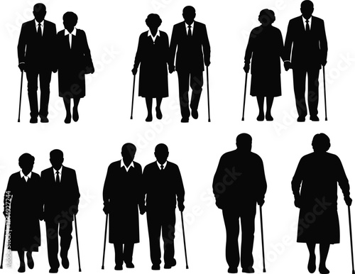Elderly couple silhouette walking, senior companionship, aging lifestyle, love and support, vector illustration, black and white artwork, mobility concept