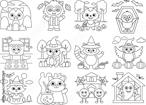 Spooky Halloween Creatures and Scenes Coloring Pages vampire bat werewolf