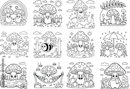 Twelve charming black and white illustrations of cute anthropomorphic mushrooms in various scenes Keywords: mushroom, toadstool, fungi, cute, cartoon, anthropomorphic, happy, smiling, face, eyes