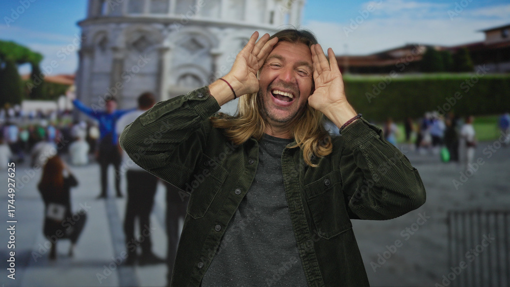 Fototapeta premium Man with long blond hair wearing dark jacket hiding his face behind both hands in front of pisa tower building; embarrassment introspection vulnerability selfconsciousness.