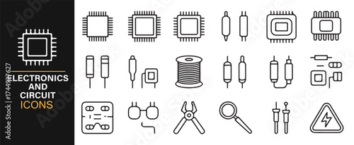 Electronics Circuit Icon Set with Microchips and Components for Technology Design