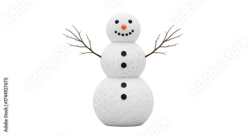 Foto Isolated snowman figure with stick arms, black button details and orange nose on