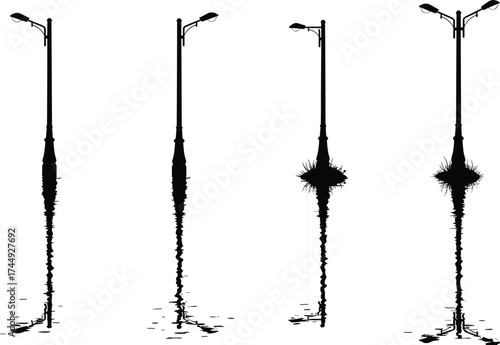 Street lamps with reflections in water, urban lighting illustration, artistic symmetry, city infrastructure, environmental design, visual perception, decorative landscape