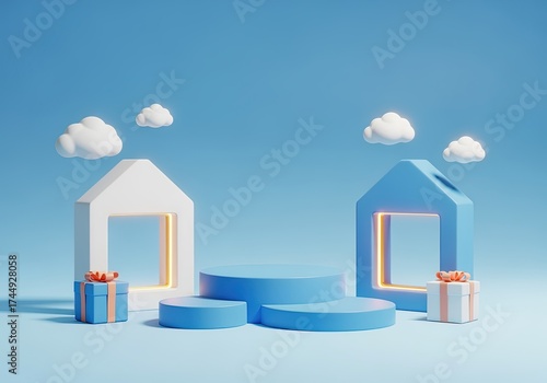 3D render of minimal pink and white houses with floating clouds and gift boxes on pastel podium. Modern abstract background for real estate, home design, or creative presentation concept