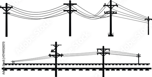 Utility poles with power lines and railroad tracks, rural infrastructure illustration, transportation system, electrical distribution, countryside design, industrial landscape