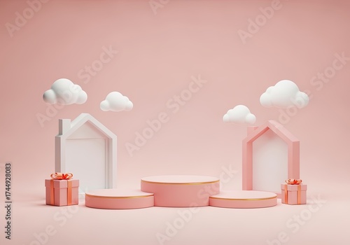 3D render of minimal pink and white houses with floating clouds and gift boxes on pastel podium. Modern abstract background for real estate, home design, or creative presentation concept