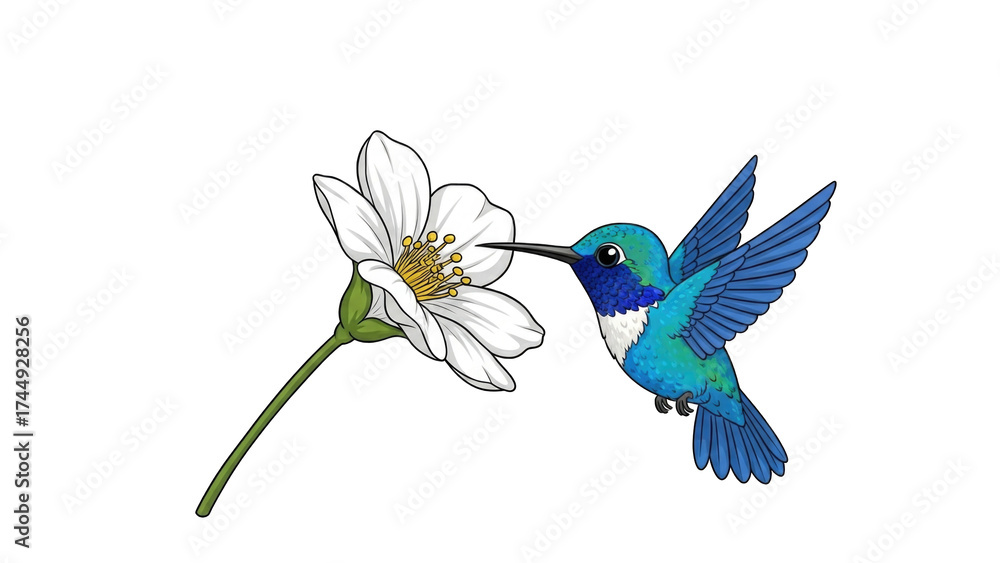 Fototapeta premium Hummingbird Approaching White Flower in Nature Scene