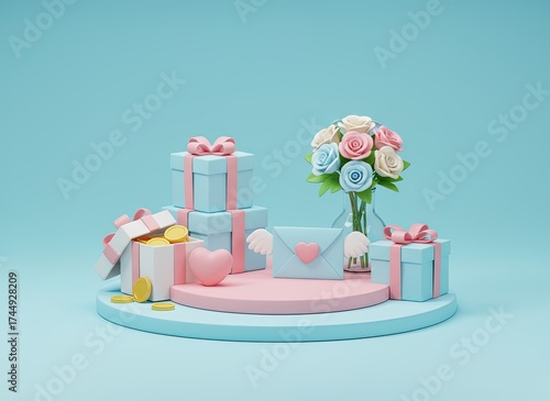 3D composition with pastel blue and pink gift boxes, bouquet of roses, heart, golden coins, and love envelope on white podium. Romantic Valentine’s Day or wedding background design concept
