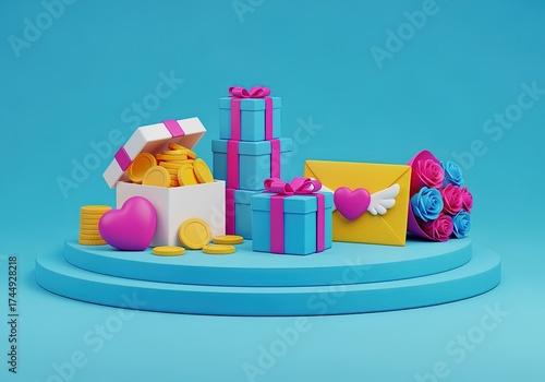 3D render of blue and pink gift boxes, golden coins, heart envelope, and bouquet of roses on blue podium. Festive background for Valentine’s Day, love, or romantic celebration concept