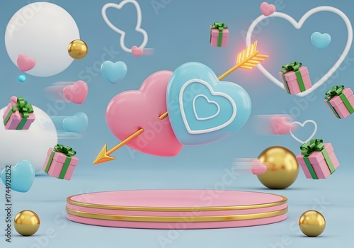 3D romantic composition with pink and blue hearts pierced by golden arrow on pastel podium, floating gift boxes, clouds, and golden spheres. Valentine’s Day background in soft tones