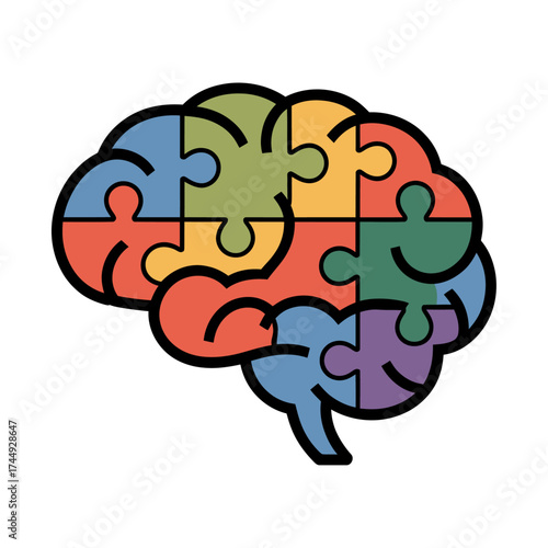 stylized brain silhouette composed of interconnected puzzle pieces isolated on light background