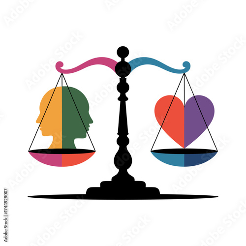 stylized balance scale silhouette with a head and heart symbolizing logic and emotion