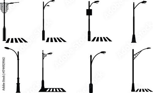 Collection of urban streetlight silhouettes with pedestrian crosswalks, modern lamp post designs, city infrastructure, road safety, architectural lighting elements