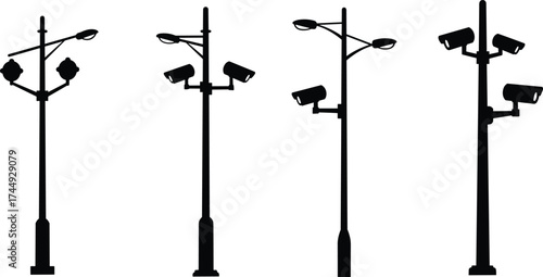 Urban streetlight poles with surveillance cameras, modern city infrastructure, public lighting, road safety, security monitoring, architectural design, smart technology