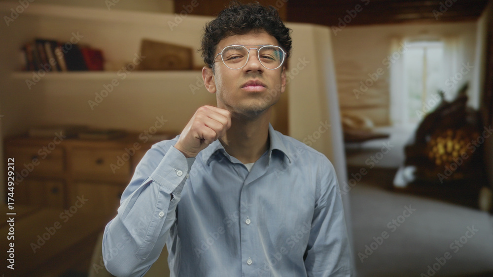 Φωτογραφία Man wearing glasses holds fist to chest in building interior with warm light and blurred furnishings; determination