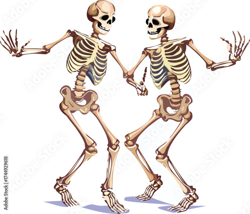 Two dancing skeletons holding hands